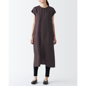 MUJI Women's True Hemp Dark Brown Cap Sleeve Midi Dress Lagenlook- Size S
